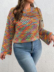 SHEIN PETITE CURVE 大码女式镂空落肩长袖宽松彩色套头毛衣针织衫秋冬款 - 彩色 - 查看 1