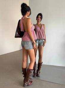 Aloruh 女式红白格子露背无袖衬衫