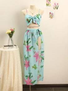 SHEIN Swim 女士夏季海滩花卉印花前结性感两件套比基尼套装带罩衫裙，3 件套 - 淺藍色 - 查看 1