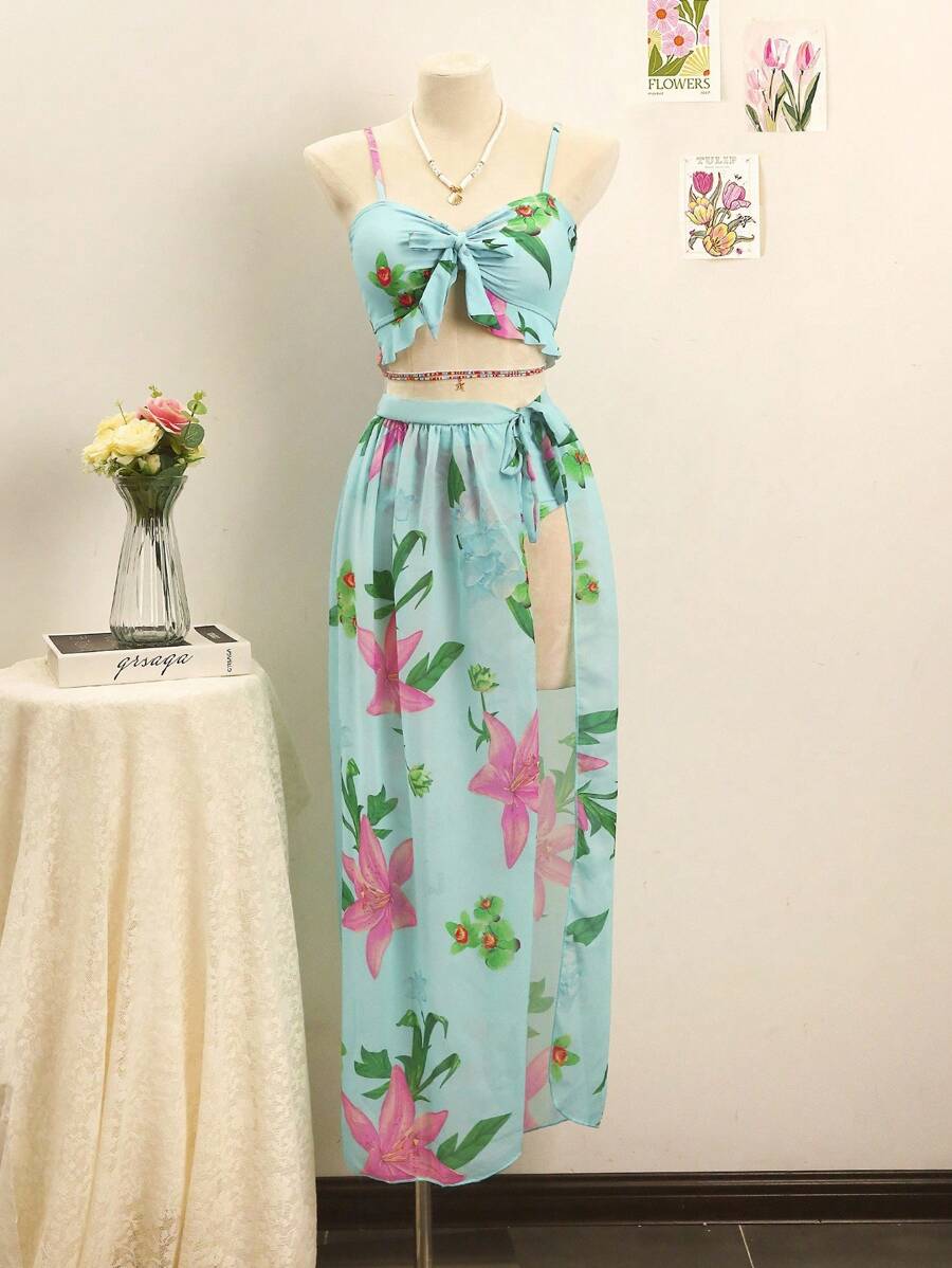 SHEIN Swim 女士夏季海滩花卉印花前结性感两件套比基尼套装带罩衫裙,3 件套 - 淺藍色 - 查看 1