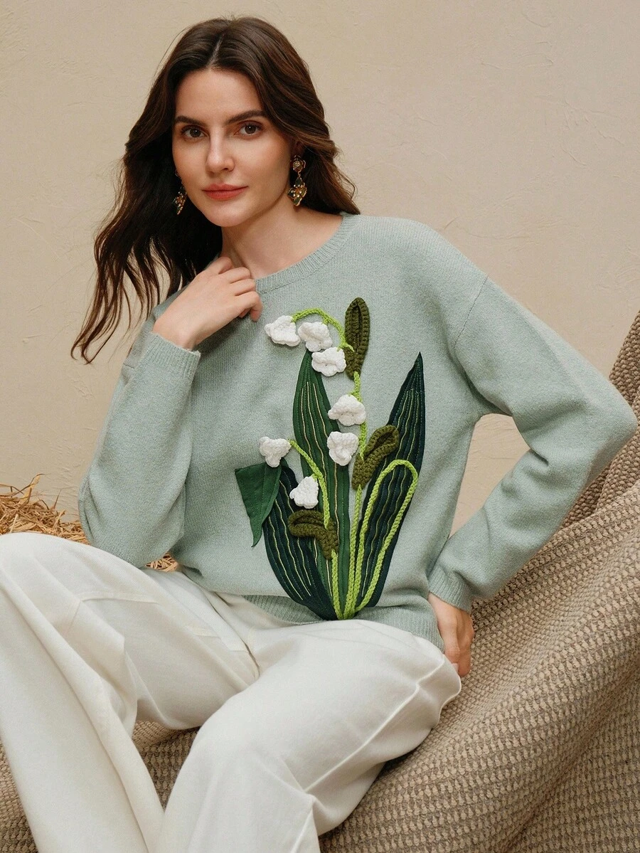 Anewsta Women's French Elegant Dignified Handmade 3D Lily Flower Crochet Embroidery Drop Shoulder Long Sleeve Sweater - Mint Green - View 1