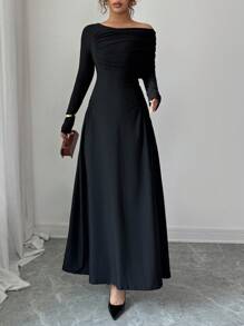 Modelyn 女士黑色针织褶饰不对称肩部设计修身连衣裙 - 黑色 - 查看 5