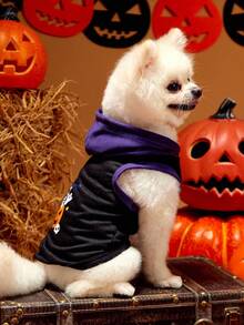 PETSIN 1pc Pet Cartoon Pumpkin & Skull Halloween Print Colorblock Sleeveless Hooded Dog Sweatshirt - Multicolor - View 5
