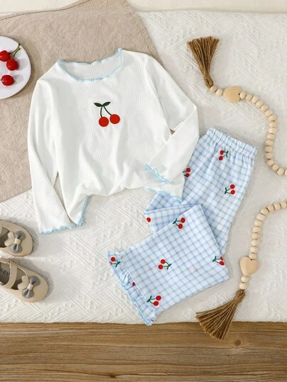 SHEIN 两件套女童圆领刺绣樱桃图案弹力腰格纹条纹樱桃休闲套装，长袖上衣和喇叭裤，秋冬款
