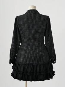 Sunspun Plus Size Polka Dot Long Sleeve Polo Collar Button Up Blouse, Slimming Fall Cloth For Women