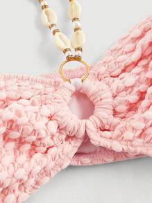 SHEIN MOD 贝壳装饰露背吊带上衣，荷叶边饰有蝴蝶结，泡泡雪纺三角泳裤，两件套比基尼，可爱，卡哇伊 - 淺粉色 - 查看 3