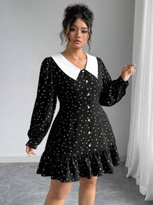 Elenzga Plus Size Women Autumn/Winter Fashion Dress With Heart Pattern And Ruffle Hem - Black - View 4