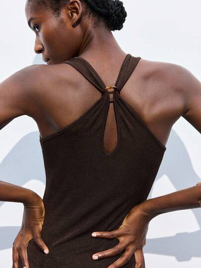 Maija Đầm dệt kim ôm sát tôn dáng, màu nâu cà phê, cổ vuông, lưng chéo, đính vòng nhựa, kiểu dáng mới mùa Xuân/Hè, thanh lịch, thích hợp cho lễ hội hóa trang, tiệc tùng, ngày Valentine, tựu trường, lễ hội âm nhạc.