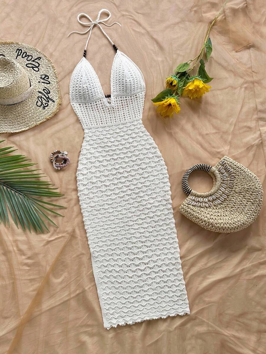 Soleia 细肩带 V 领镂空木珠修身女式针织连衣裙，度假露背渐变色长裙，适合度假、约会、下午茶、音乐节、波西米亚风 - 白色 - 查看 1
