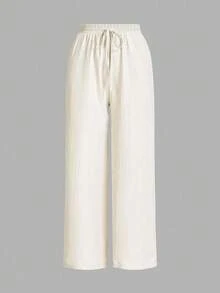 SHEIN Girlism 3 قطع بنطلون فضفاض واسع الساق مريح متعدد الاستخدامات بنسيج جاكار للمراهقات - أزرق بحري - مشاهدة 4