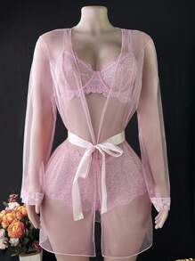 SHEIN 3 件套蕾丝和网眼性感女士内衣套装 - 上衣、裤子、睡袍、外出装 - 粉色 - 查看 6