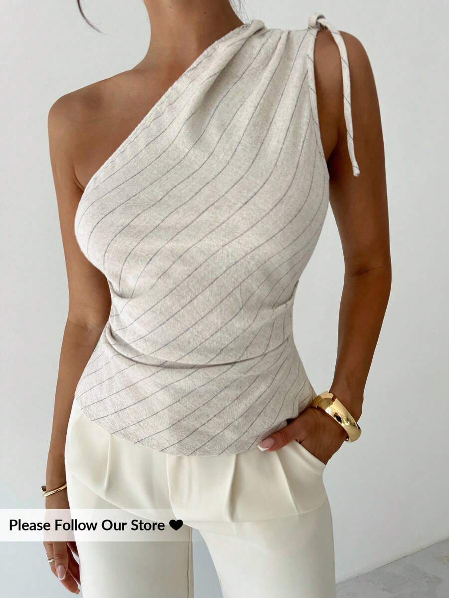 Firerie 女士杏色条纹不对称肩部衬衫，日常通勤衬衫，斜肩度假衬衫，春夏服装，海滩，通勤，优雅，度假，波西米亚，工作装 - 杏色 - 查看 1