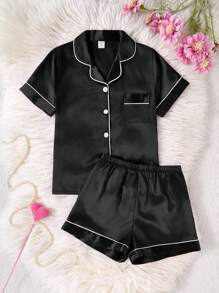 SHEIN Basics Black Satin Pajama Short Set For Tween Girls With Regular Sleeves And Plain Design Satin Pj Set