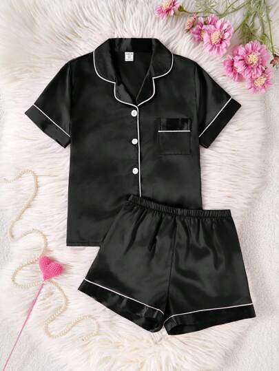SHEIN Basics Black Satin Pajama Short Set For Tween Girls With Regular Sleeves And Plain Design Satin Pj Set