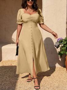SHEIN Clasi Plus Size Summer Simple Solid Color Sweetheart Neck Side Ruched Dress - Apricot - View 1