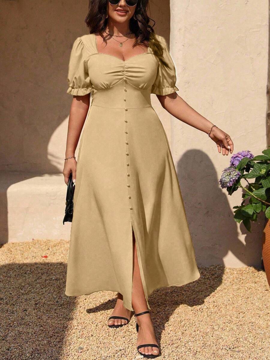 SHEIN Clasi Plus Size Summer Simple Solid Color Sweetheart Neck Side Ruched Dress - Apricot - View 1