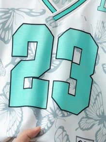 SHEIN 2件套男婴休闲运动23号印花V领短袖T恤和短裤套装，男婴街头风服装，男婴运动装，男婴夏季服装，男婴套装，男婴运动服，男婴运动衫套装，男婴夏季服装，婴儿男婴服装，儿童服装，婴儿套装，6个月-3岁男婴夏季服装，男婴服装 - 綠色 - 查看 6