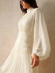 Anewsta 束腰灯笼袖中长连衣裙女装