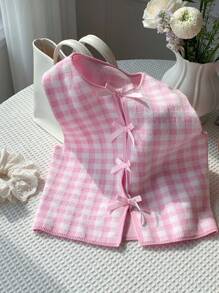 Comfortcana Women's Casual Y2K Plaid Print Bow Knit Sweater,Going Out Tops Women - Pink - View 3