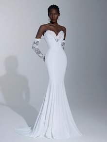 Elitara 优雅奢华蕾丝贴花网眼美人鱼长裙，带拖尾，适合婚礼、派对、度假、舞会、新娘 - 白色 - 查看 8