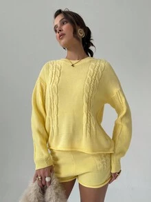 Aloruh Women's Twist Cable Pattern Drop Shoulder Long Sleeve Sweater And Knit Shorts Casual 2 Pieces Set In Fall/Winter - Yellow - View 6