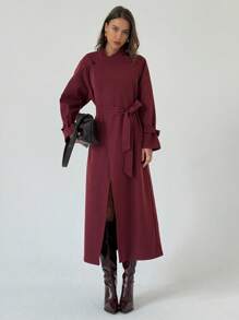 Aloruh Minimalist Commuter New Eggplant Purple Versatile Extra Long Tie-Waist Reversible Decorative English Style Lapel Trench Coat In Fall/Winter - Red Violet - View 3