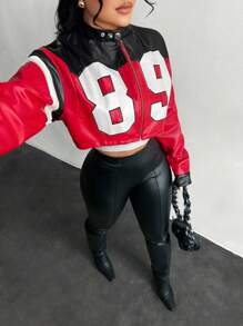 SHEIN SXY Damen Lässig Kontrast Farbige Numerisches Muster Kurze Jacke