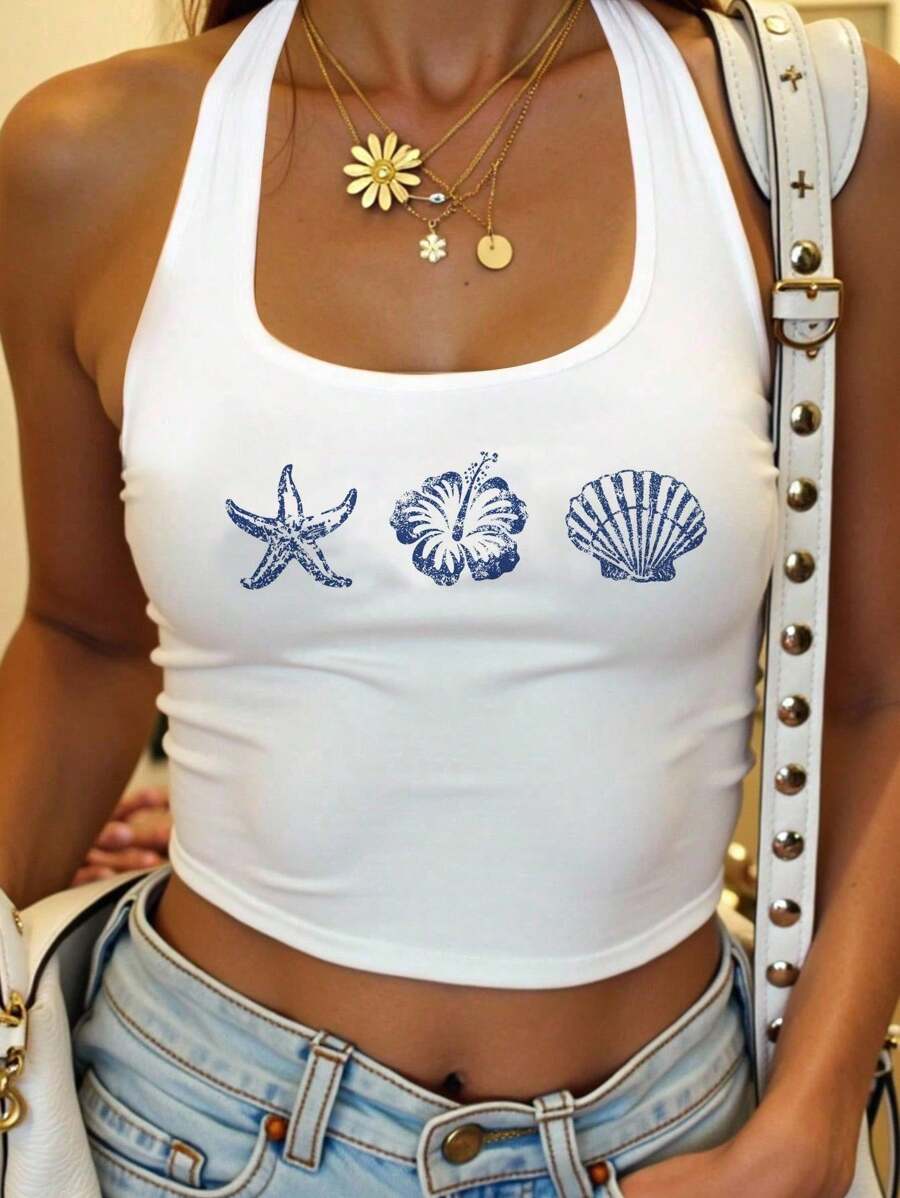 Teen Girls' Casual Minimalist Spaghetti Strap Camisole, Suitable For Summer, Ocean Theme Prints: Seashell, Starfish, Hibiscus Flower - Multicolor - View 1