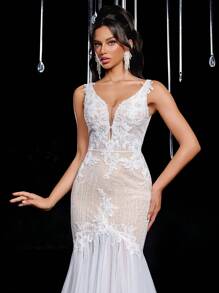 Glamrae Váy maxi đuôi cá hở lưng gợi cảm thêu ren sequin sang trọng thanh lịch có đuôi váy, thích hợp cho đám cưới, tiệc tùng, tuần trăng mật - Màu be - Xem 8