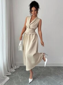 Siren Gaze 女士纯色简约无袖连衣裙，休闲日常穿着 - 杏色 - 查看 3