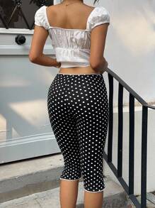 MainGRL Women Casual Capris Polka Dot Print Slim Fit Shorts,Going Out Outfits,Back To School Clothes, - Black and White - View 2