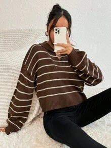 SHEIN PETITE Pull-over à col polo rayé bicolore pour femmes, tricot, automne-hiver - Marron - Voir 6