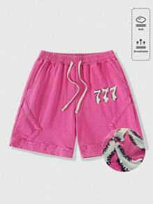 ROMWE MEN Prep Shorts Casuais de Verão Masculinos com Bordado Numérico - Pink - Visão 1