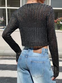 DAZY 女式纹理面料字母印花圆领开衫 T 恤长袖女式上衣 - 黑色 - 查看 5