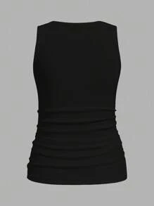 SHEIN LUNE 2pcs Solid Color Khaki & Black Round Neck Fitted Ribbed Waist Ruched Camisole, Suitable For Autumn Layering,Casual - Multicolor - View 4