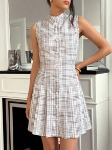 Chiquease 女士夏季格子无袖单排扣褶裥迷你连衣裙 格子连衣裙 女士纽扣衬衫裙 无袖衬衫裙 夏季连衣裙 清爽格子季装 大学校园 - 卡其色 - 查看 4