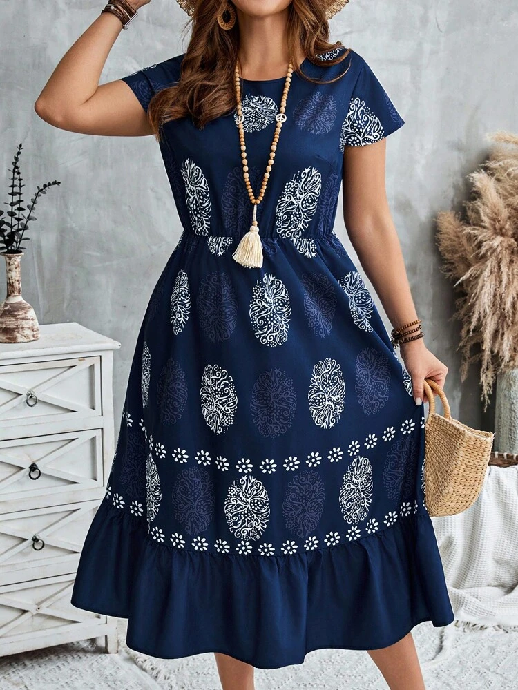 Plus Size Women's Summer Vintage Print Casual Vacation  Navy Blu Dress,Fall Women Clothes ,Summer Holiday,Vacation Outfits Women,Simple And Fashionable For Everyday Wear,Vacay Vibes,Springbreak,Casual Wear SS,Bohemia,Summer Dresses For Women,Flowy Dress