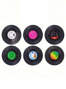 SHEIN 6 buc suporturi de pahare pentru discuri de vinil, pernă antiderapantă rezistentă la căldură, model vintage clasic retro american rock cu muzică CD, pernă izolatoare, decor pentru casă/