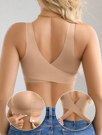 1 pieza Sujetador deportivo sin relleno, elegante, transpirable y cómodo con cierre delantero y espalda cruzada para mujer