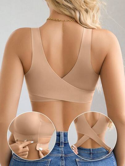 1 pieza Sujetador deportivo sin relleno, elegante, transpirable y cómodo con cierre delantero y espalda cruzada para mujer