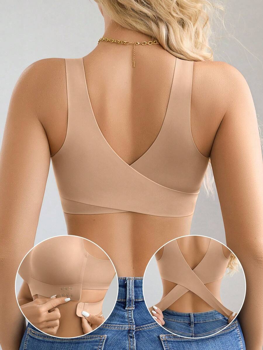 1 件女士无缝无衬垫优雅透气舒适交叉后背抹胸式文胸前扣聚拢运动文胸 - 杏色 - 查看 1