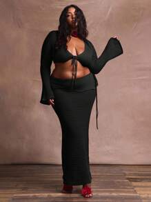 MUSERA 大码中腰不对称翻边系带钩针编织长裙，适合度假、游泳、性感、浪漫、优雅、时尚的夏季优雅连衣裙 - 黑色 - 查看 1