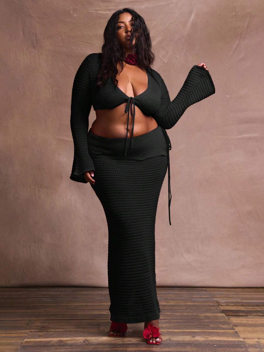 MUSERA 大码中腰不对称翻边系带钩针编织长裙,适合度假、游泳、性感、浪漫、优雅、时尚的夏季优雅连衣裙 - 黑色 - 查看 1