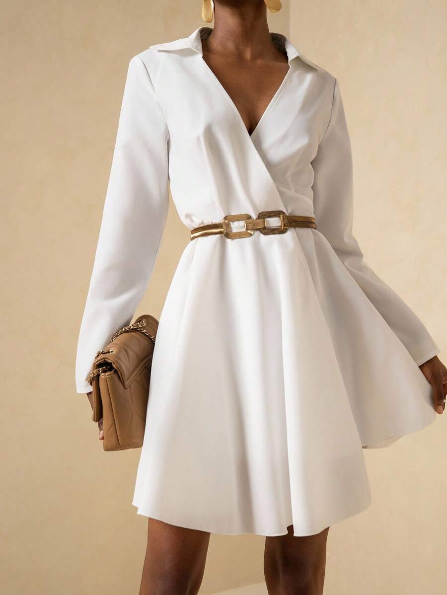 Lyxana Vestido Longo de Manga Comprida com Gola e Recortes em Cores Sólidas, Modelo Evasê para Mulheres - Branco - Visão 1