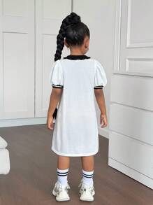 SHEIN Vestido corto de manga corta con cuello polo de punto y bloques de color casual y elegante para niña joven - Multicolor - Ver 2