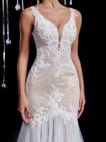 Glamrae Váy maxi đuôi cá hở lưng gợi cảm thêu ren sequin sang trọng thanh lịch có đuôi váy, thích hợp cho đám cưới, tiệc tùng, tuần trăng mật - Màu be - Xem 2