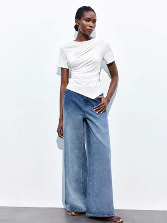 Maija חולצת טי-שירט אסימטרית בצבע אחיד לנשים, קיץ