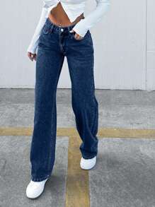 100% Cotton Women's Solid Color Casual Straight Leg Jeans