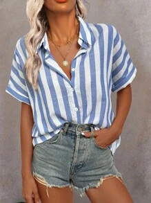 Calvaya Camisa informal de manga murciélago a rayas y bloques de color para mujer, perfecta para el verano