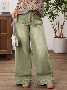 SHEIN Tall Women's Button Front Dual Pocket Wide Leg Loose Casual Denim Pants - Green - View 7
